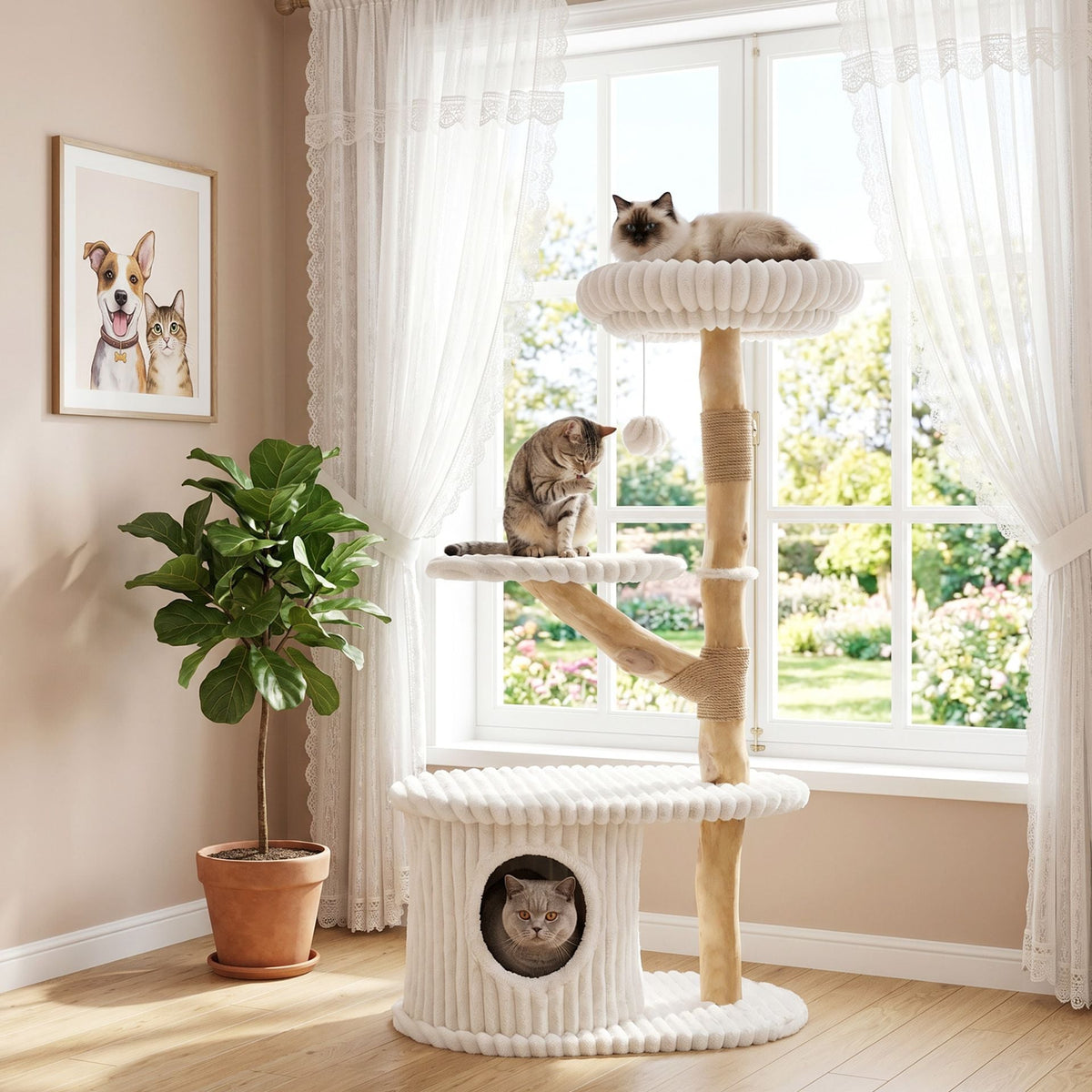 105 CM Tall Modern Cat Tower with Real Wood Branches and Scratching Posts for Cats-Beige