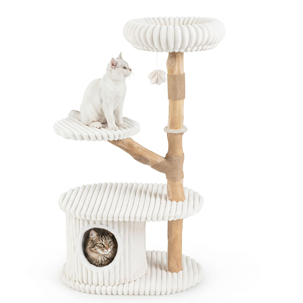 105 CM Tall Modern Cat Tower with Real Wood Branches and Scratching Posts for Cats-Beige