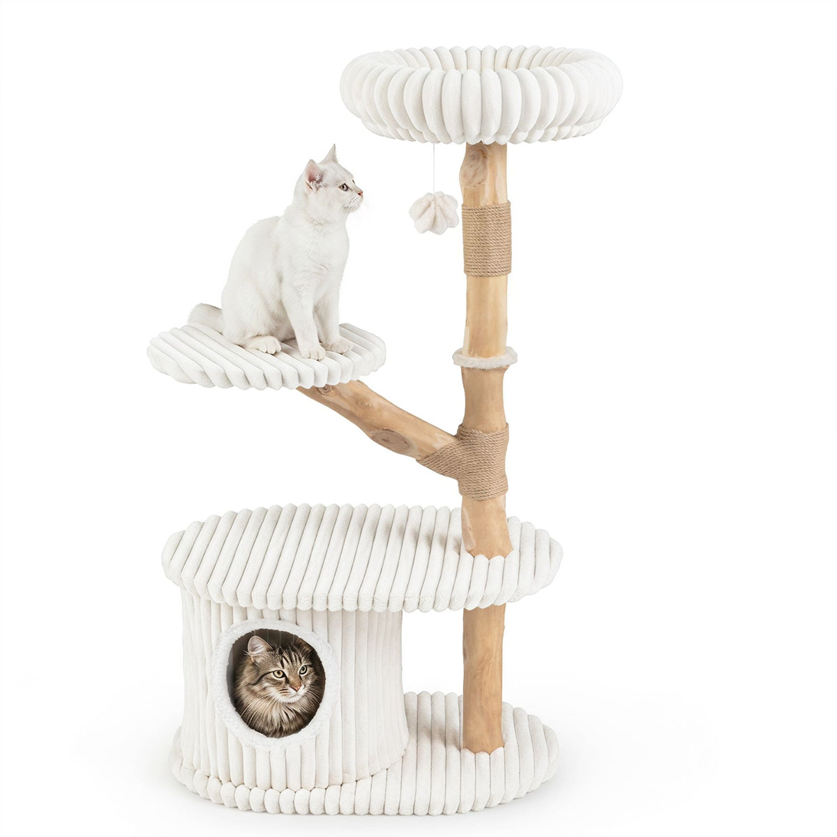 105 CM Tall Modern Cat Tower with Real Wood Branches and Scratching Posts for Cats-Beige
