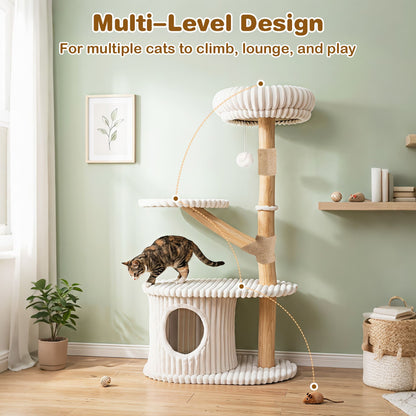 105 CM Tall Modern Cat Tower with Real Wood Branches and Scratching Posts for Cats-Beige