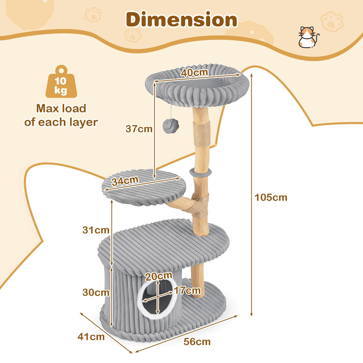 105 CM Tall Modern Cat Tower with Real Wood Branches and Scratching Posts for Cats-Grey