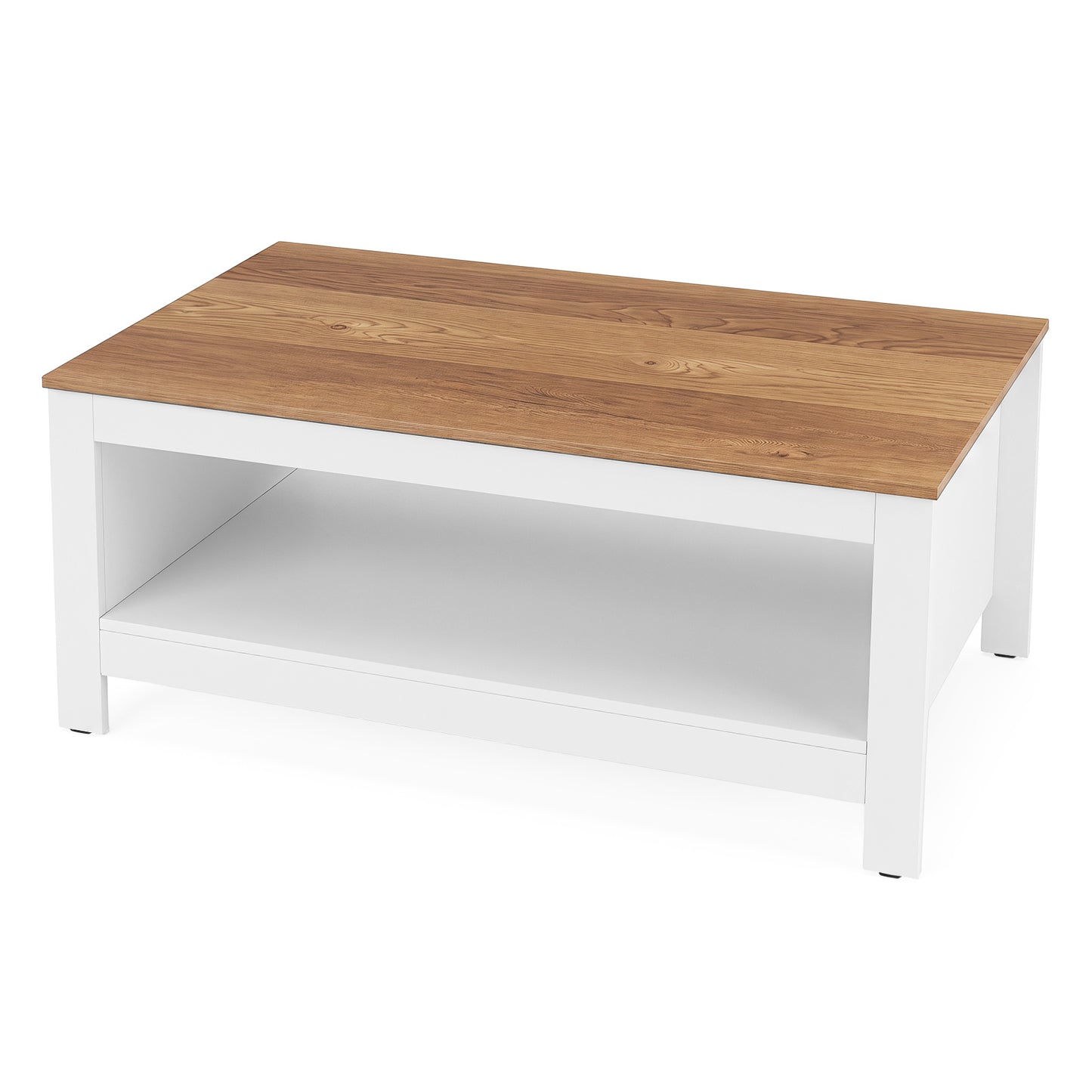 105 cm 2-Tier Farmhouse Coffee Table with Wood Grain Top & Open Storage Shelf-Natural & White