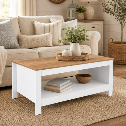 105 cm 2-Tier Farmhouse Coffee Table with Wood Grain Top & Open Storage Shelf-Natural & White