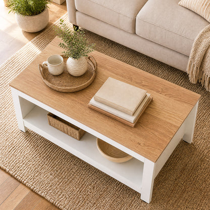 105 cm 2-Tier Farmhouse Coffee Table with Wood Grain Top & Open Storage Shelf-Natural & White