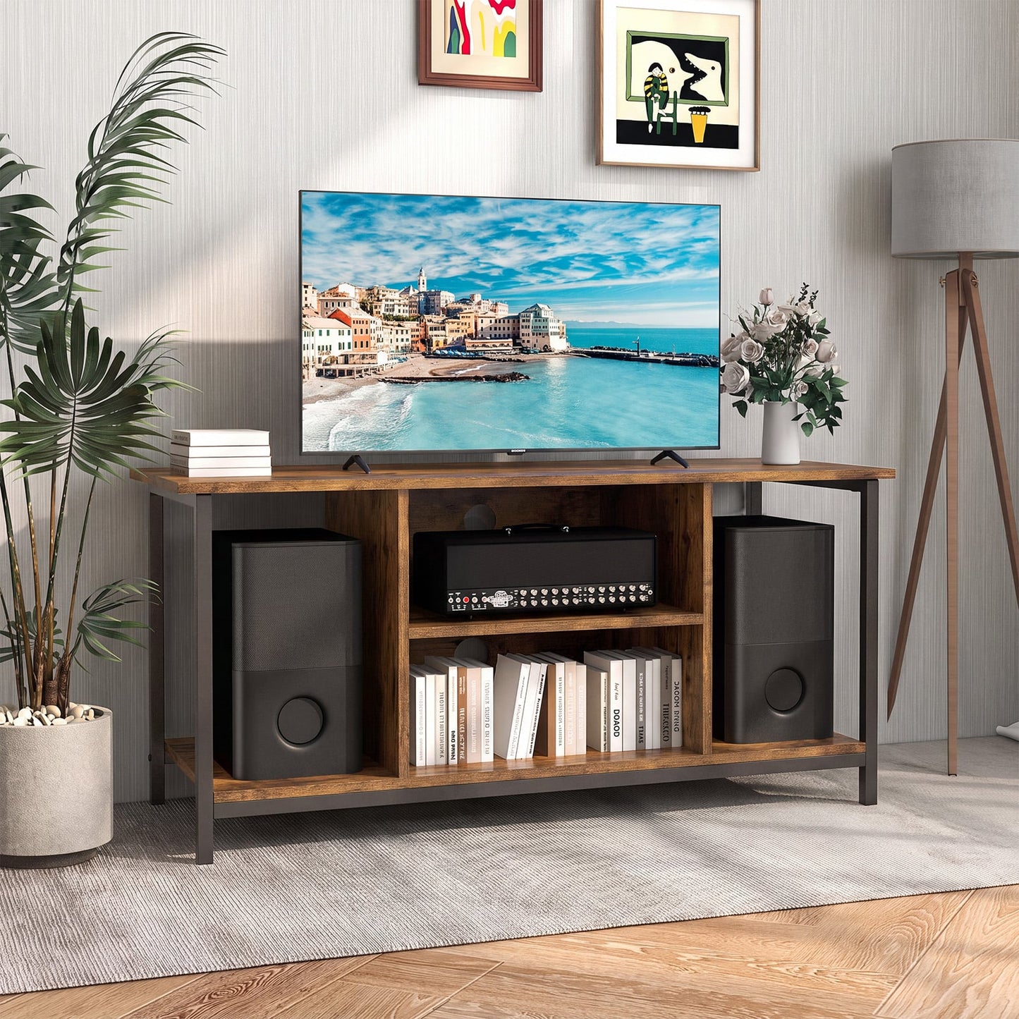 106 CM TV Stand with Power Outlet Open Storage and Adjustable Shelf-Coffee