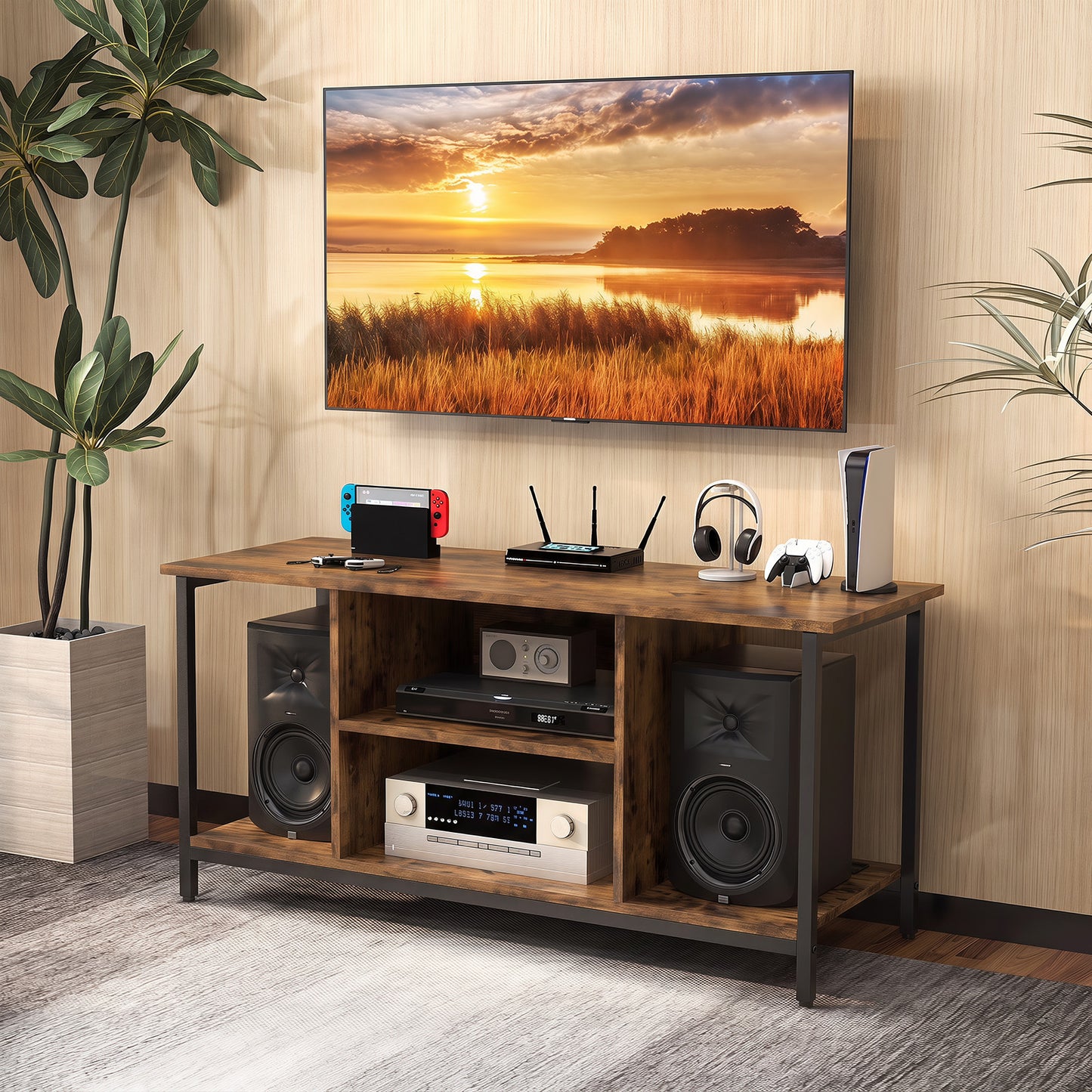 106 CM TV Stand with Power Outlet Open Storage and Adjustable Shelf-Coffee
