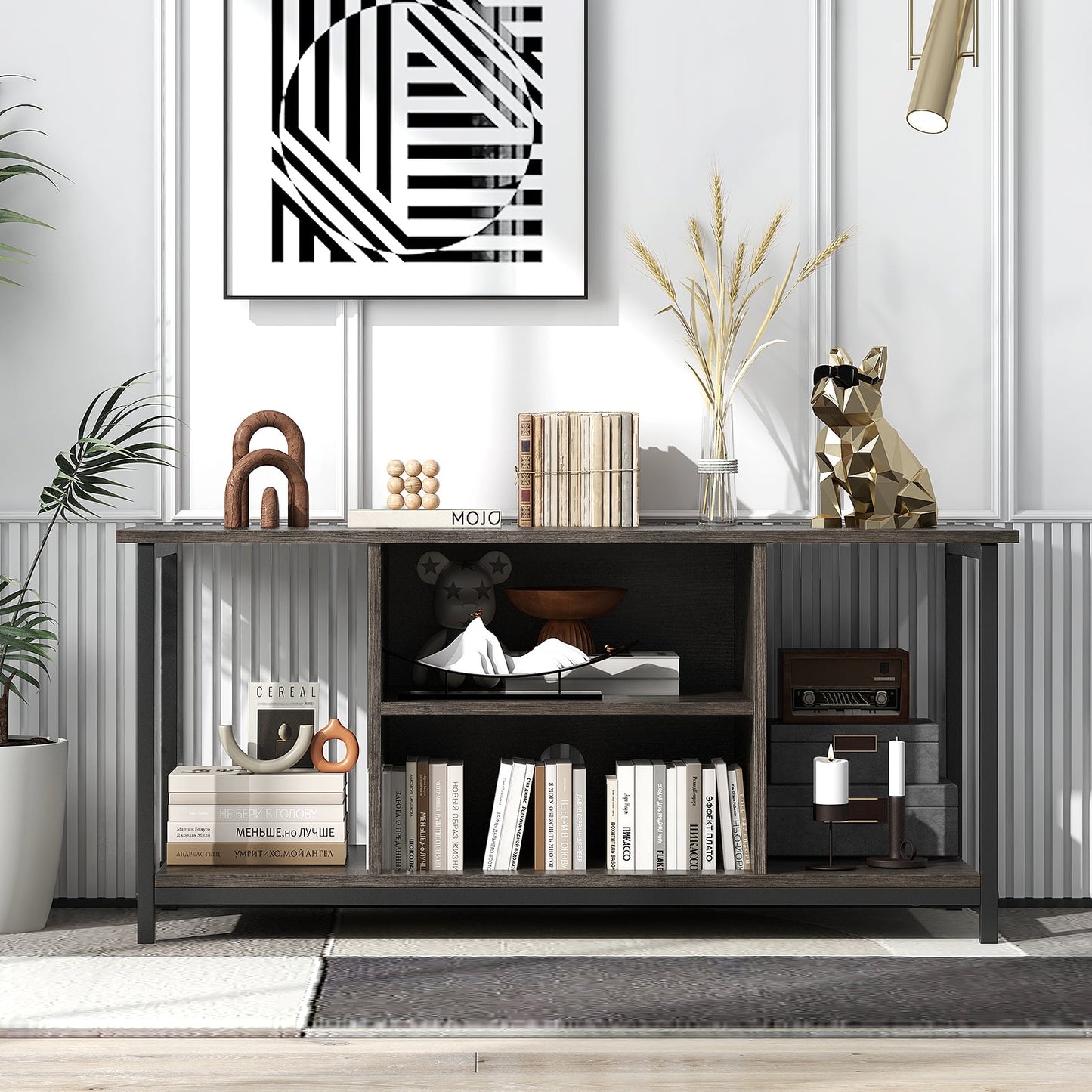 106 CM TV Stand with Power Outlet Open Storage and Adjustable Shelf-Grey