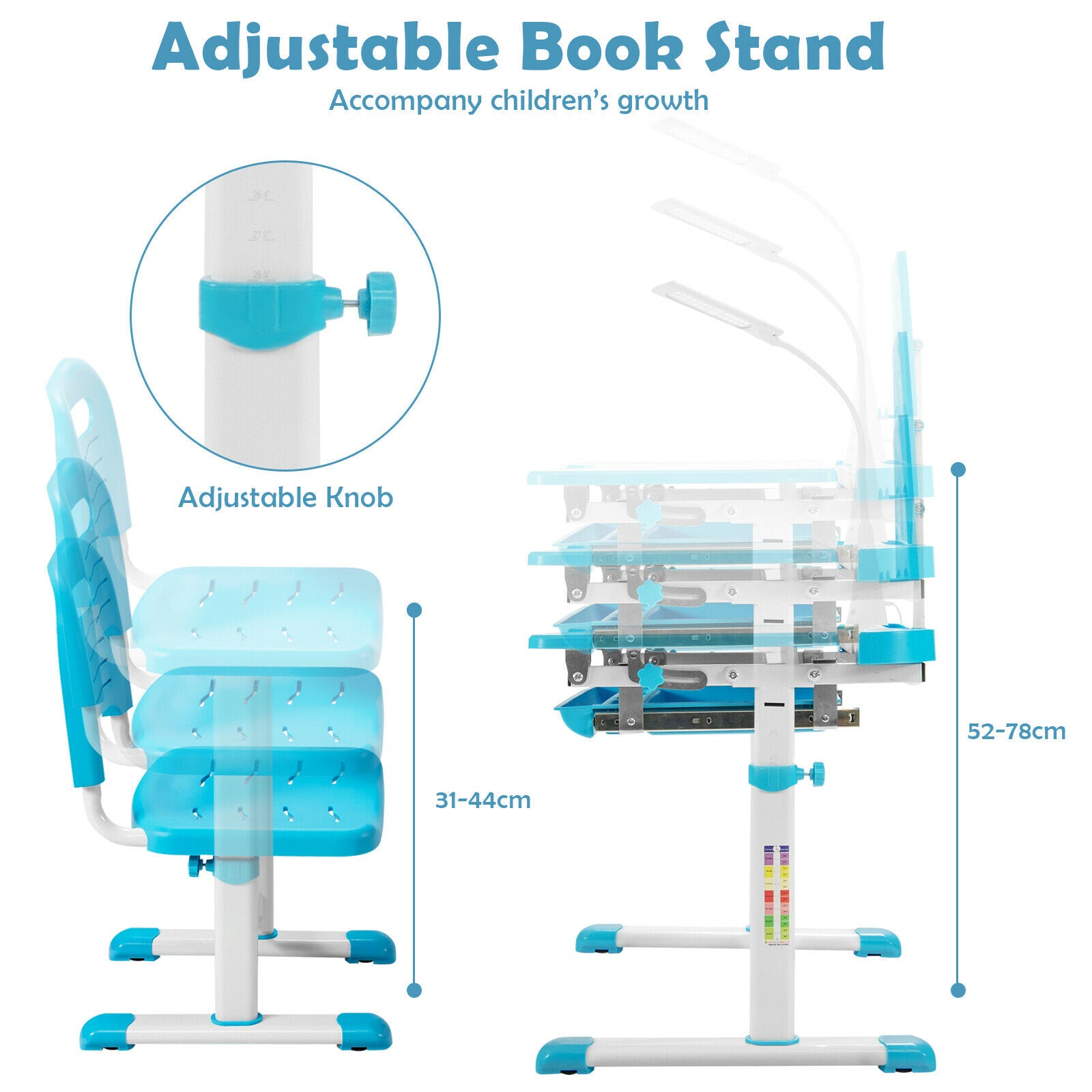 Height Adjustable Kid's Tilted Desk Set with Lamp &amp; Drawer-Blue