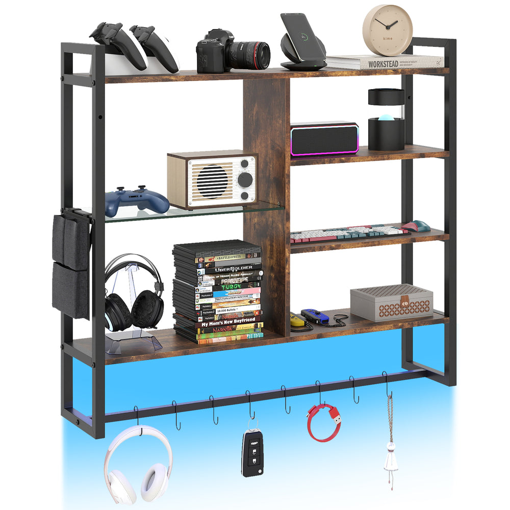 107 CM Gaming Floating Shelves with LED Lights Remote and APP Control-Black