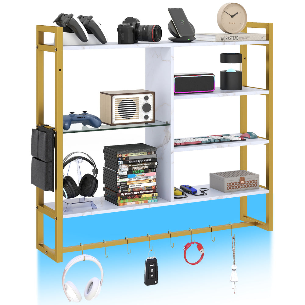 107 CM Gaming Floating Shelves with LED Lights Remote and APP Control-White