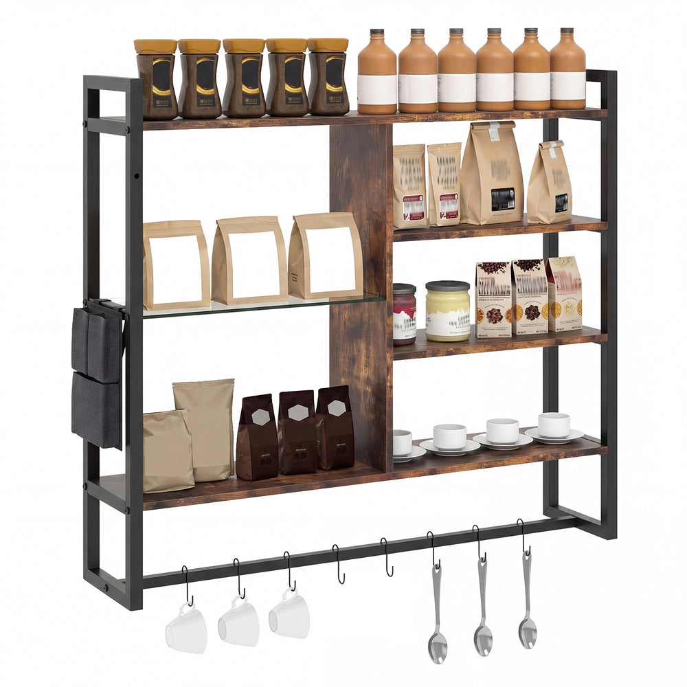 107 CM Industrial Floating Shelves 6-Tier Wall Mounted Shelf with 8 S-Hooks-Black