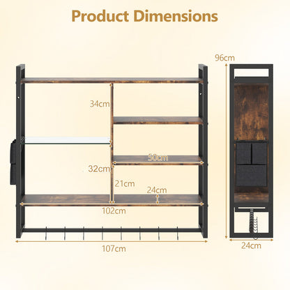 107 CM Industrial Floating Shelves 6-Tier Wall Mounted Shelf with 8 S-Hooks-Black