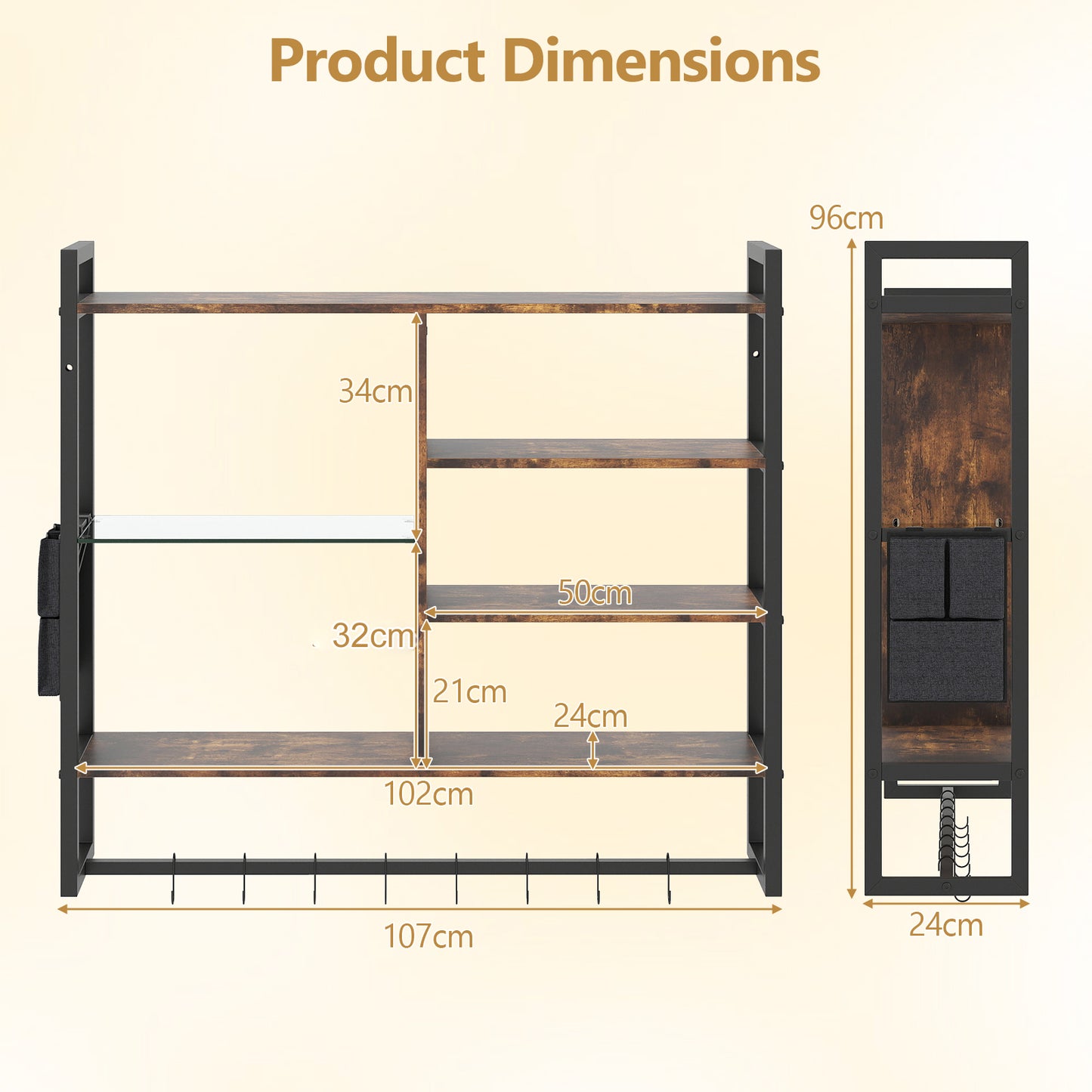 107 CM Industrial Floating Shelves 6-Tier Wall Mounted Shelf with 8 S-Hooks-Black