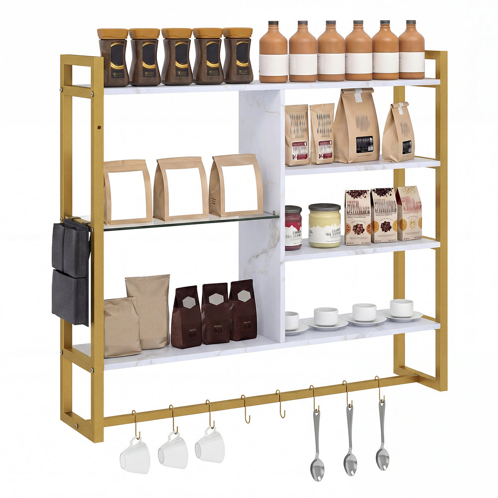 107 CM Industrial Floating Shelves 6-Tier Wall Mounted Shelf with 8 S-Hooks-White & Golden