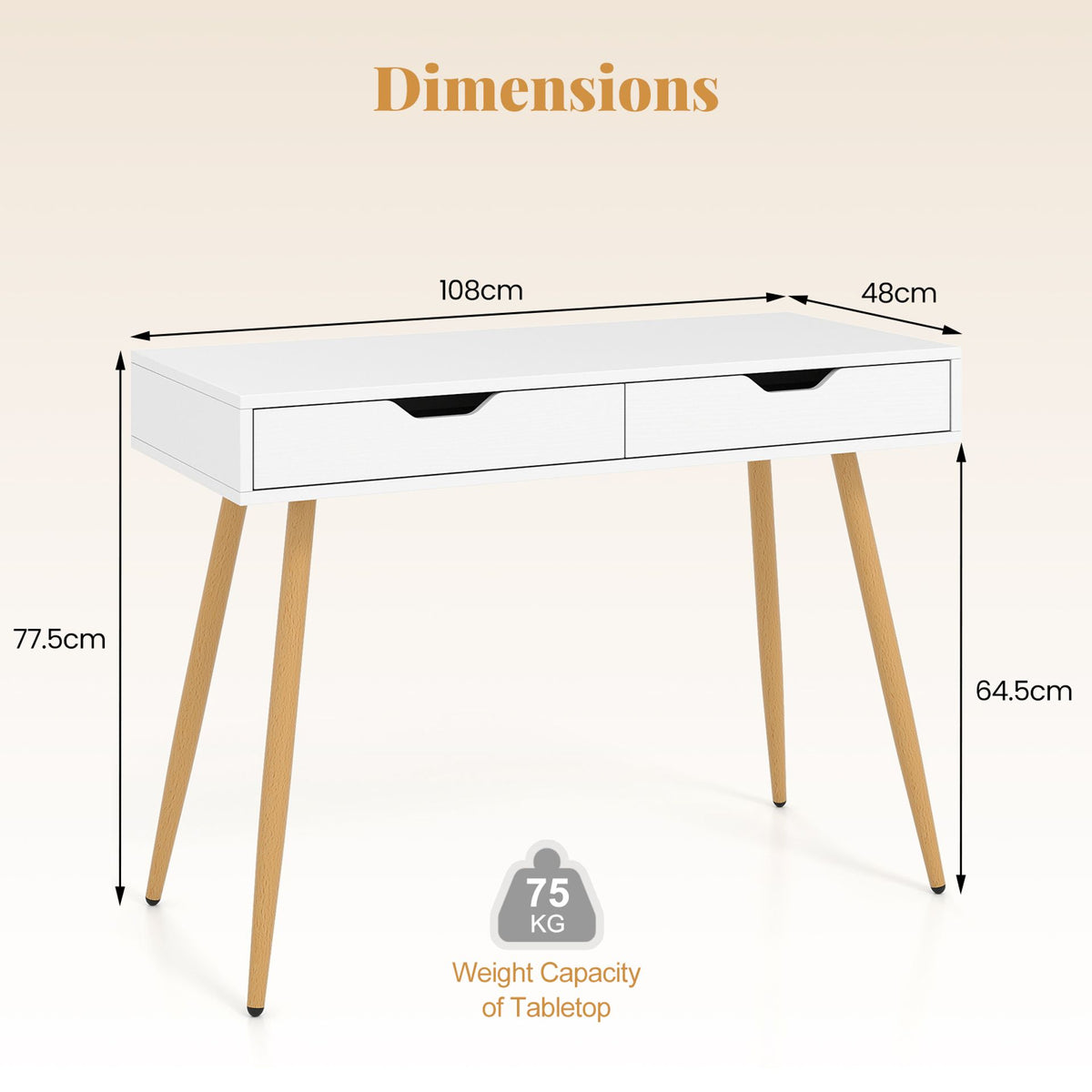 108 cm Computer Desk with 2 Drawers Wooden Writing Study Desk Workstation-White