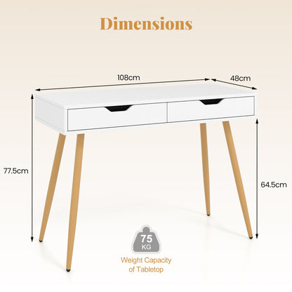 108 cm Computer Desk with 2 Drawers Wooden Writing Study Desk Workstation-White