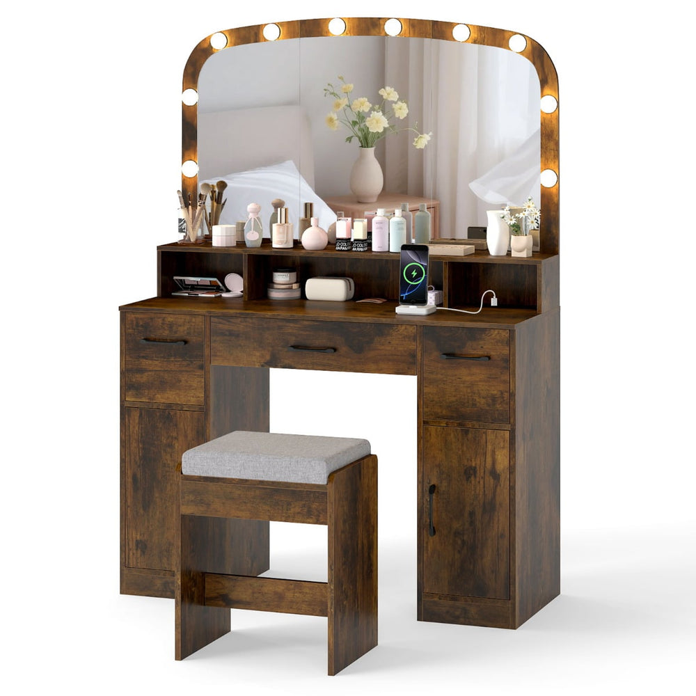 108 CM Wide Vanity Desk with Mirror and Lights for Bedroom-Rustic Brown