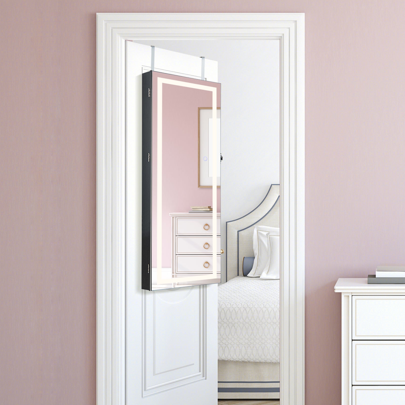 108cm Lockable Jewelry Mirror Cabinet with 3-Color LED Lights-Black1