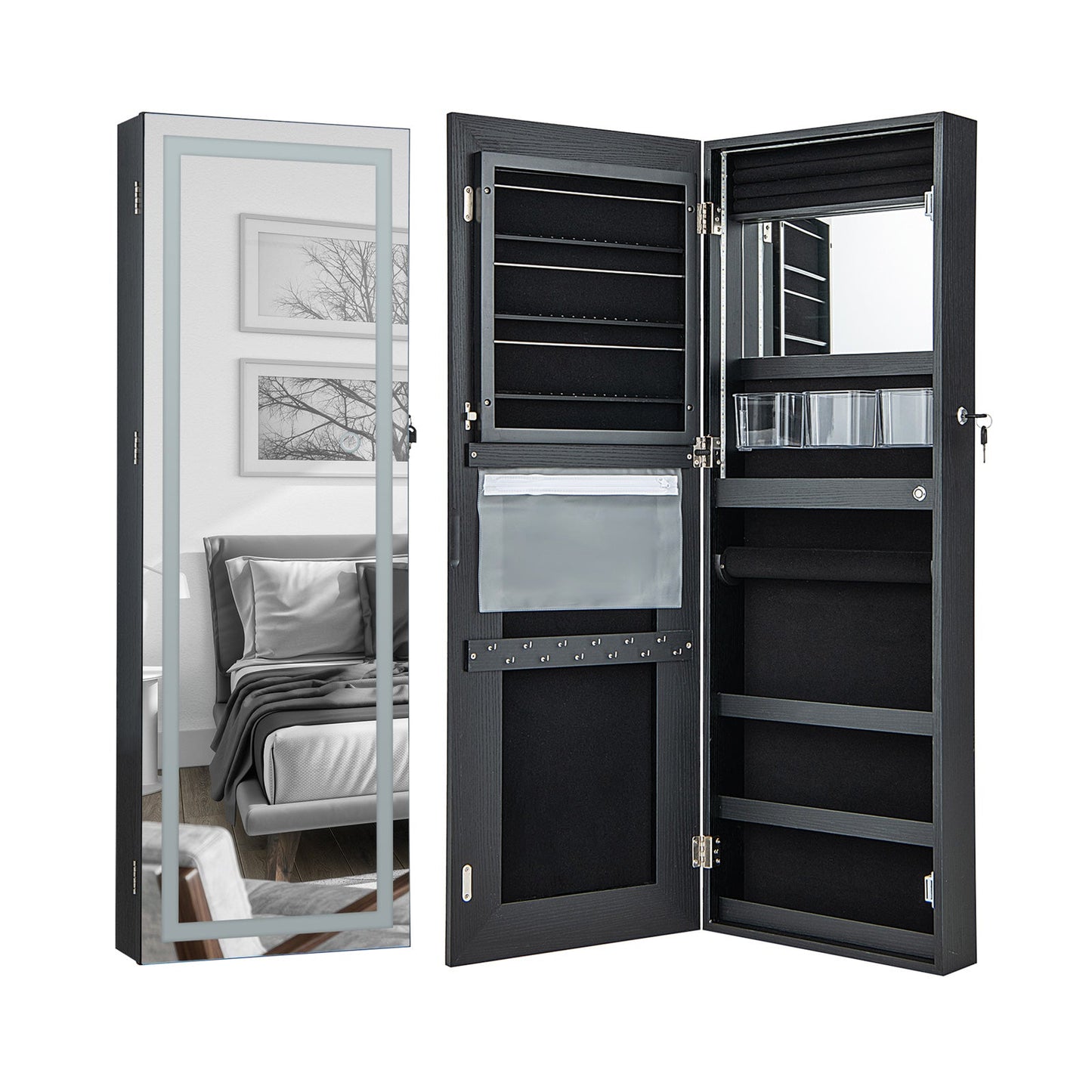 108cm Lockable Jewelry Mirror Cabinet with 3-Color LED Lights-Black1