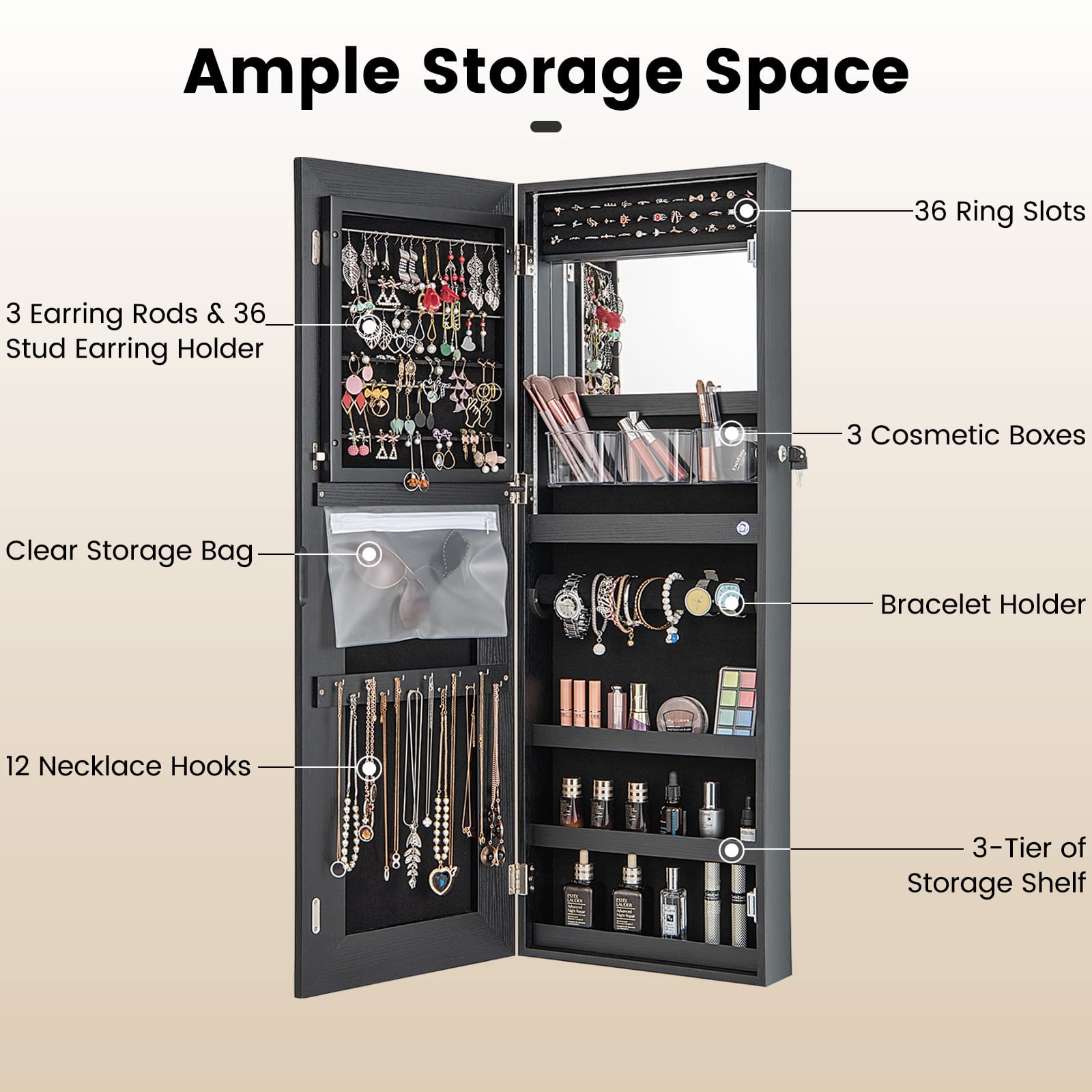 108cm Lockable Jewelry Mirror Cabinet with 3-Color LED Lights-Black1
