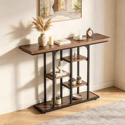 109 cm Console Table with Storage Shelves-Rustic Brown