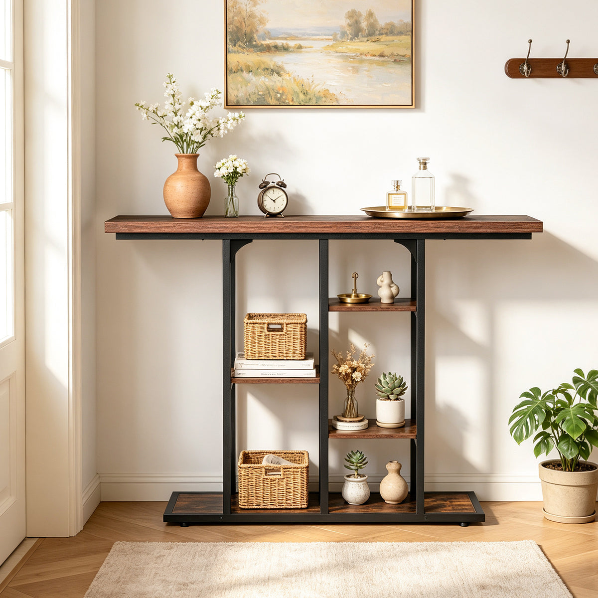 109 cm Console Table with Storage Shelves-Rustic Brown
