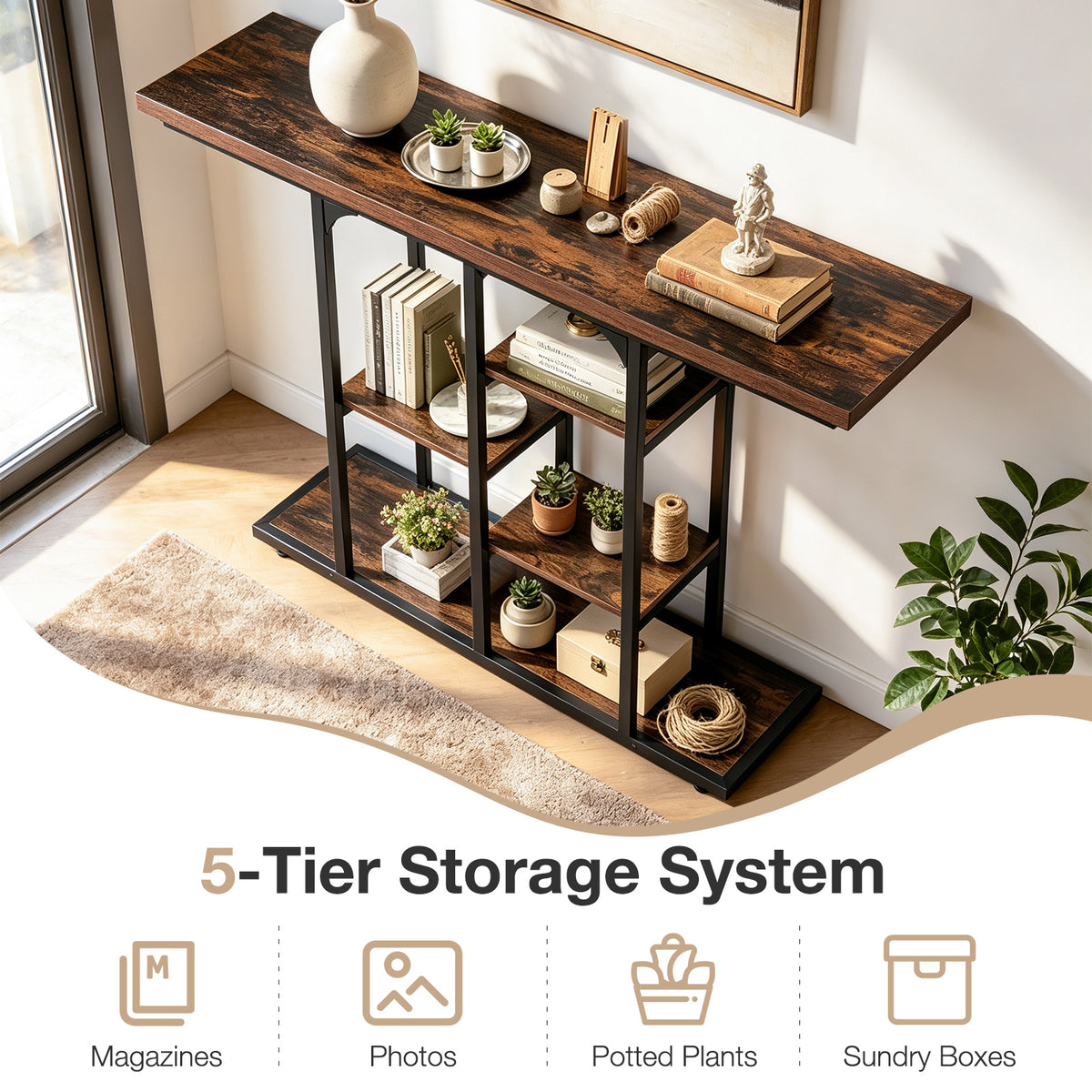 109 cm Console Table with Storage Shelves-Rustic Brown