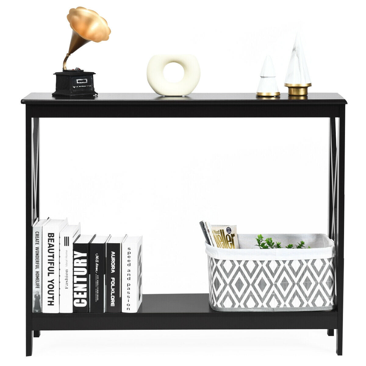 Industrial 2-Tier Narrow Console Table with Storage Shelf for Entryway-Black