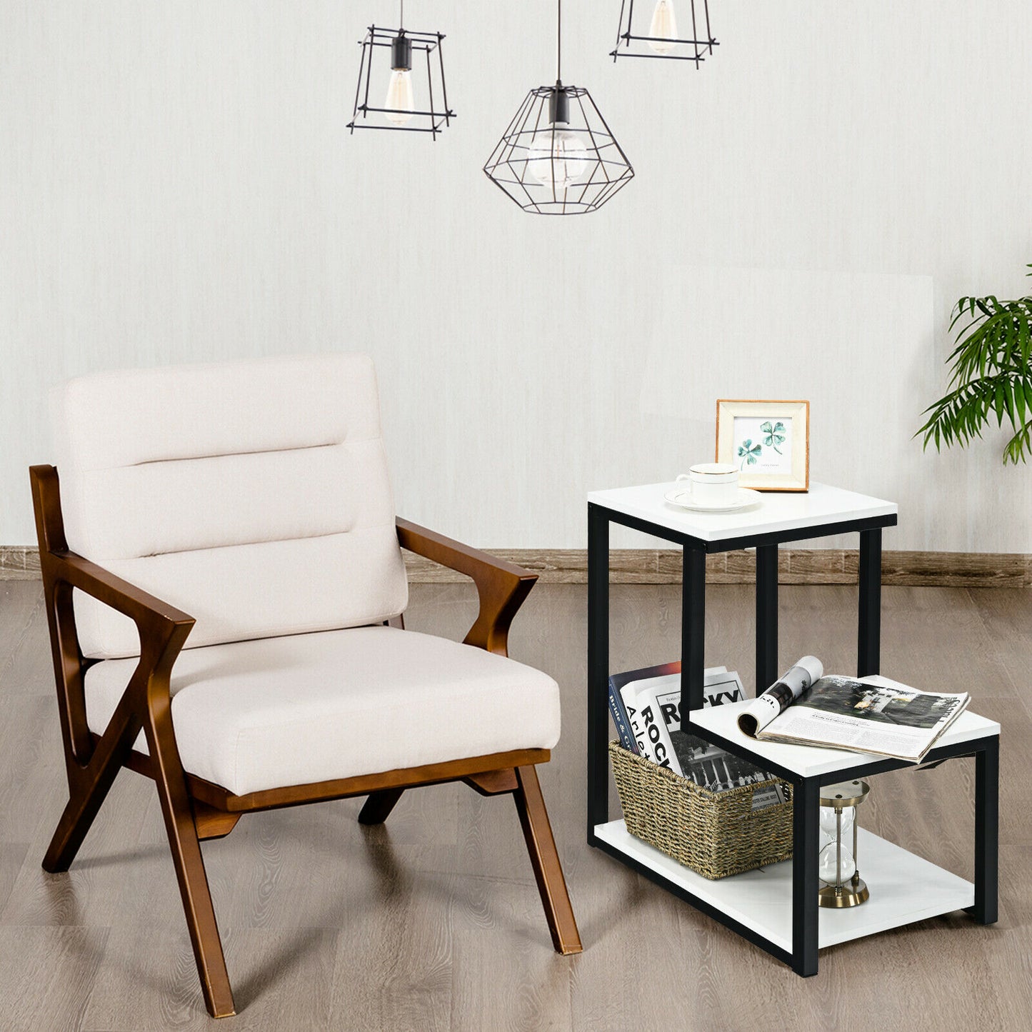 Industrial Styled End Table with 3 Shelves-White