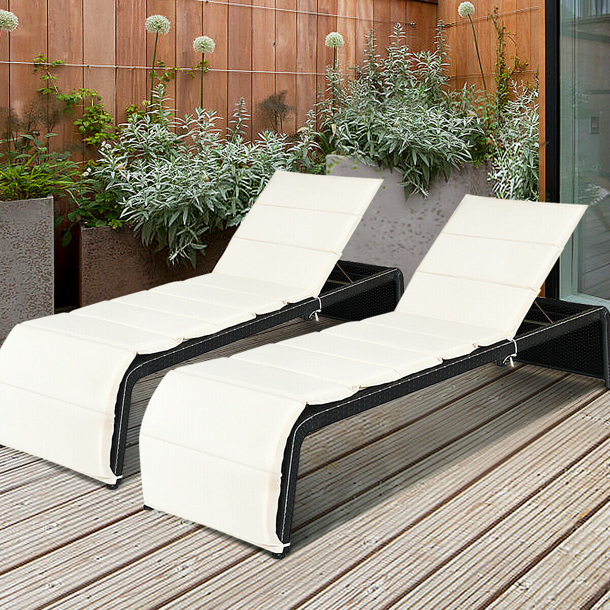Rattan Sun Lounger with Cushion and Adjustable Feet