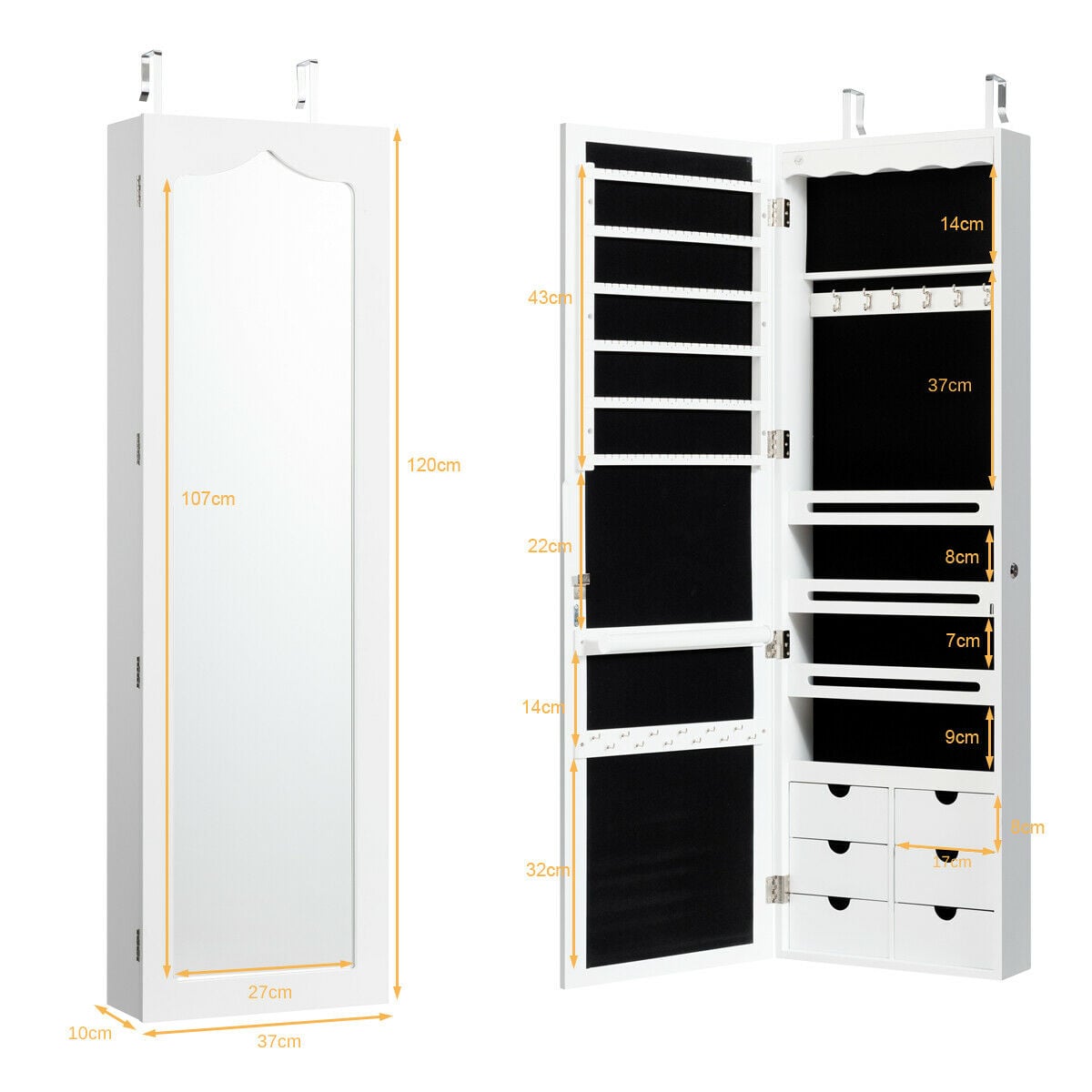 Wall Mounted Jewellery Armoire with Mirror and LED Light-White