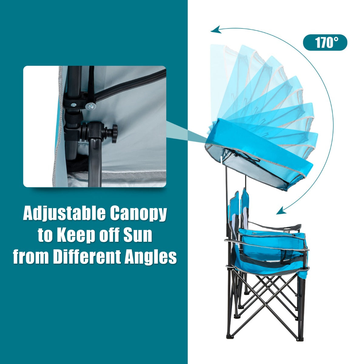 Double Folding Camping Chair with Canopy and Armrests-Blue