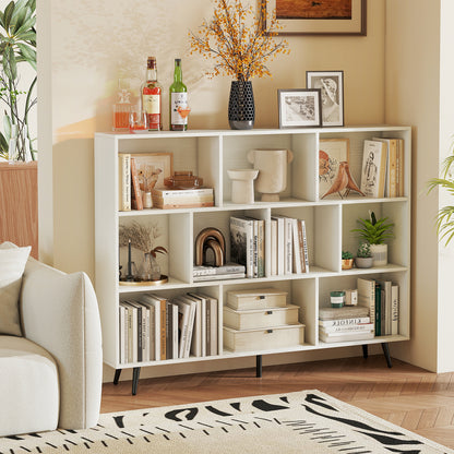 10-Cube Bookcase 140 CM Storage Organizer with 5 Tapered Metal Legs-White