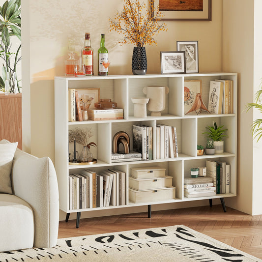 10-Cube Bookcase 140 CM Storage Organizer with 5 Tapered Metal Legs-White