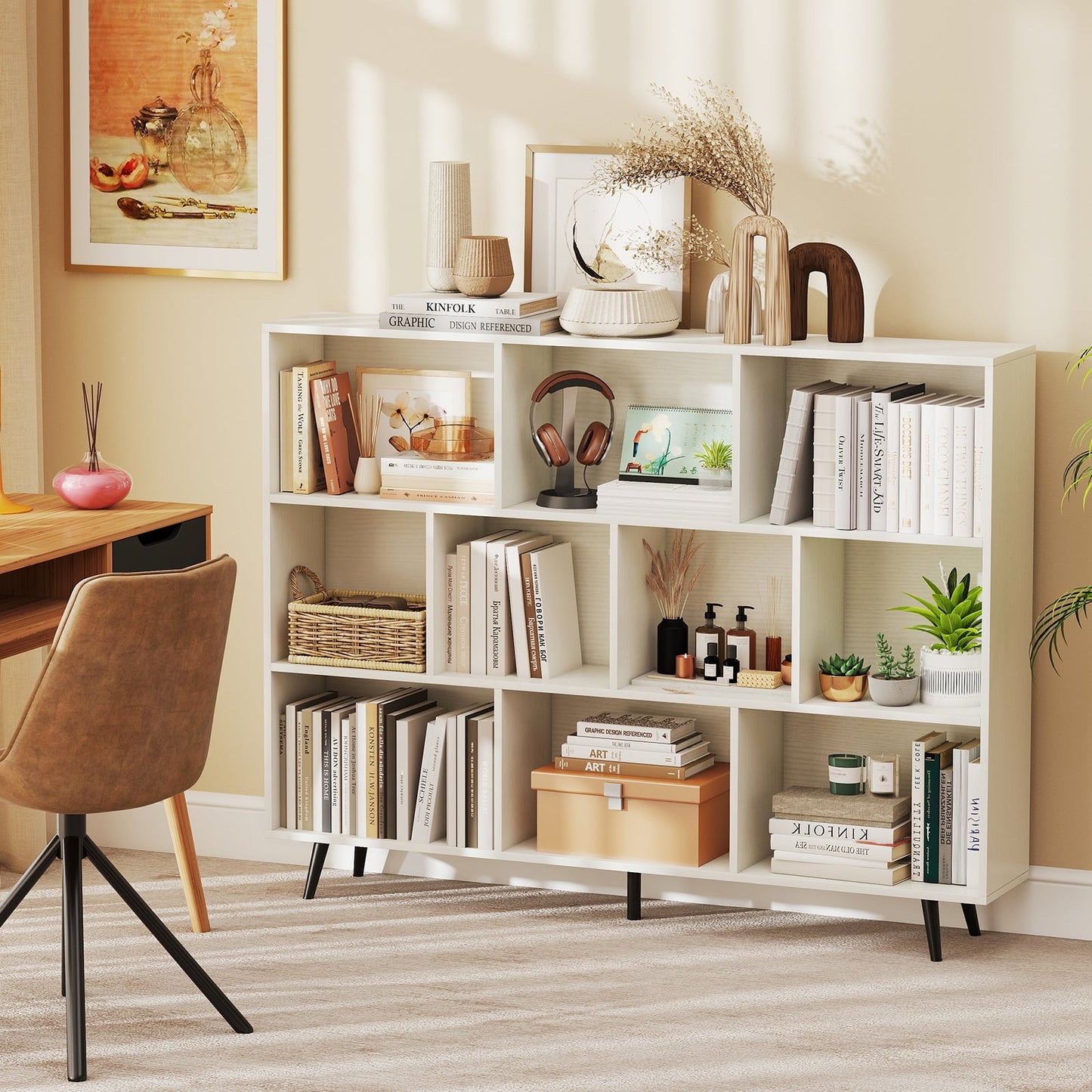 10-Cube Bookcase 140 CM Storage Organizer with 5 Tapered Metal Legs-White