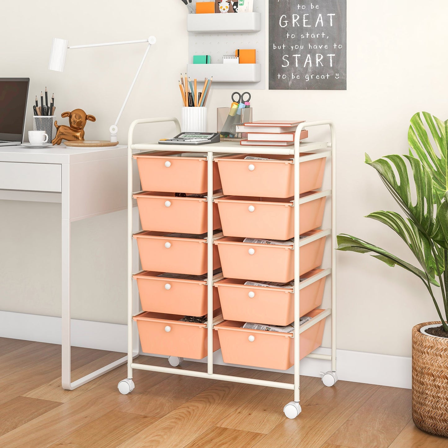 10-Drawer Rolling Storage Cart-Peach