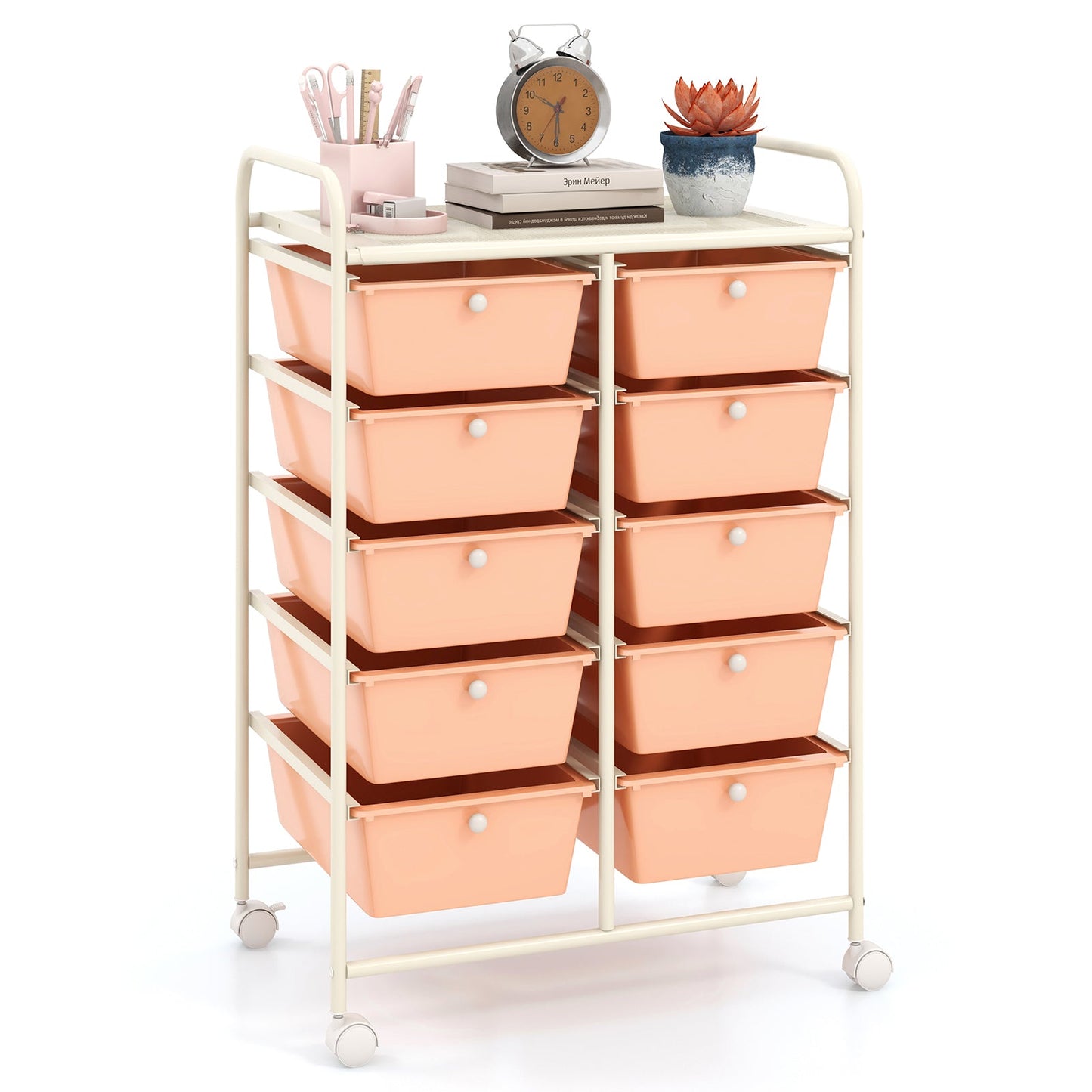 10-Drawer Rolling Storage Cart-Peach