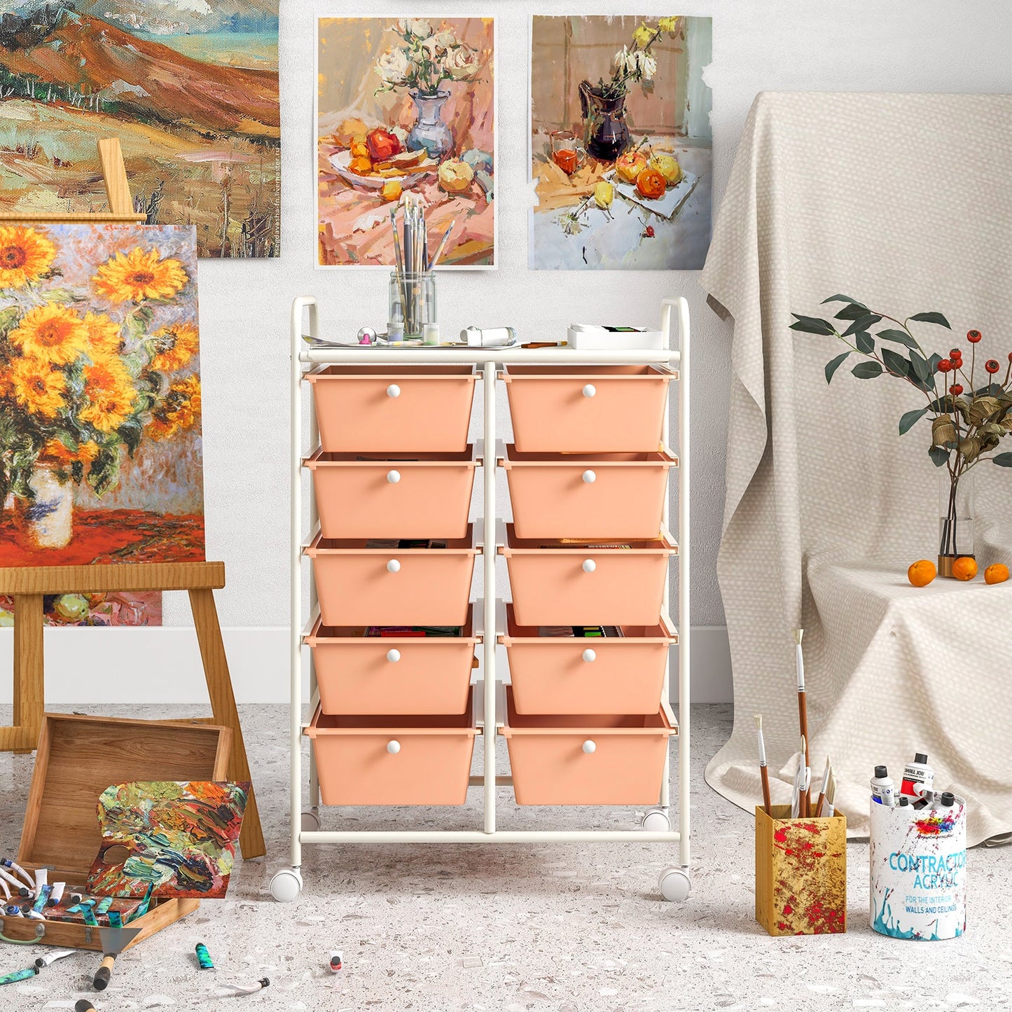10-Drawer Rolling Storage Cart-Peach