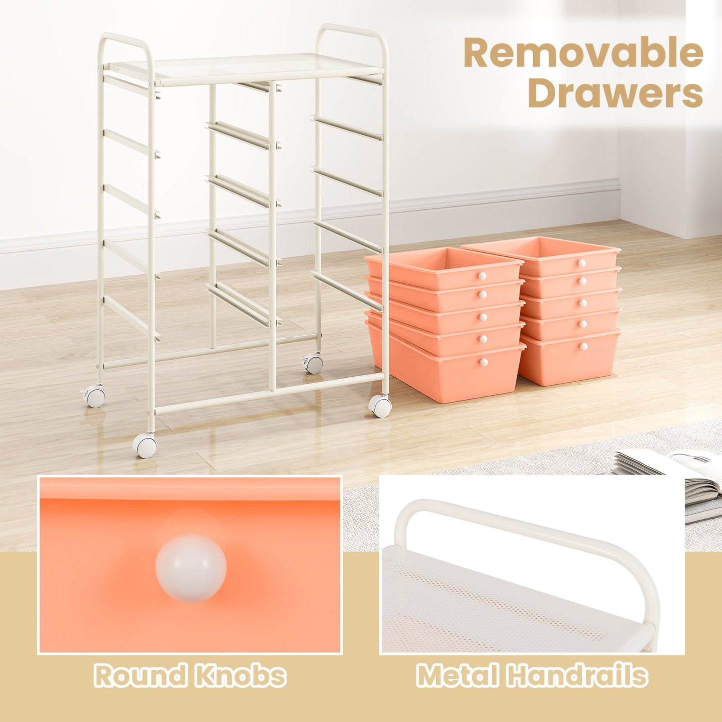10-Drawer Rolling Storage Cart-Peach