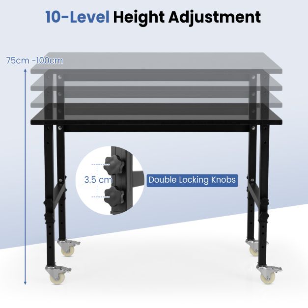 10 Level Height Adjustable Workbench with 4 Lockable Casters-Black