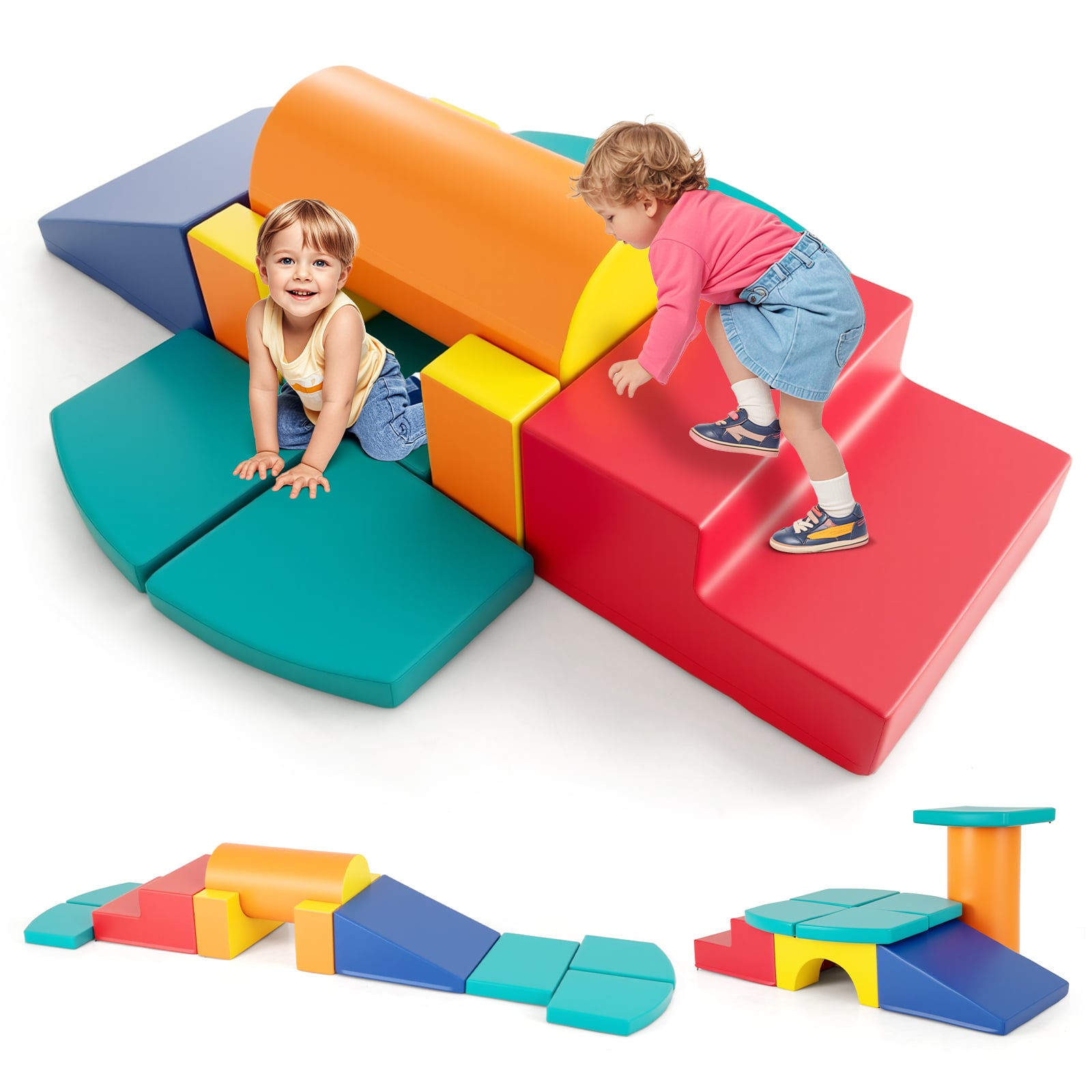 10 Pieces Foam Climbing Blocks Set with PU Leather Surface for 1-3 Years Old-Colourful