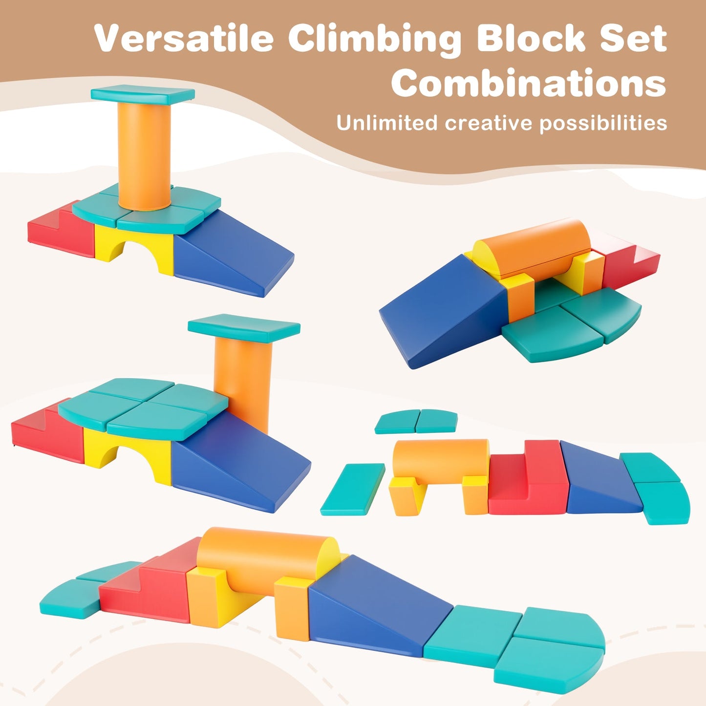 10 Pieces Foam Climbing Blocks Set with PU Leather Surface for 1-3 Years Old-Colourful
