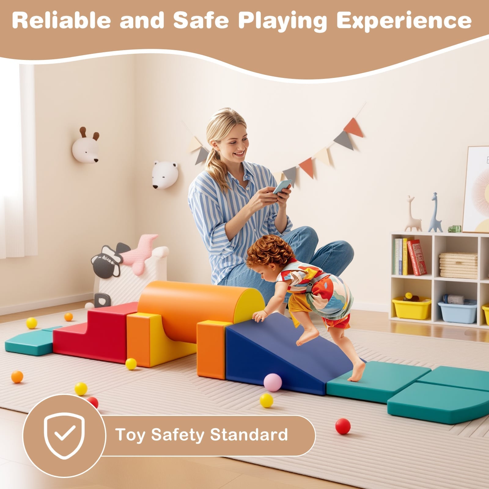 10 Pieces Foam Climbing Blocks Set with PU Leather Surface for 1-3 Years Old-Colourful