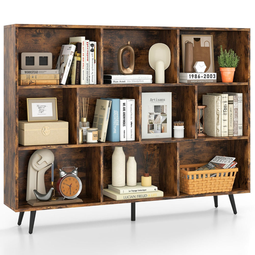 10-Cube Bookcase 140 CM Storage Organizer with 5 Tapered Metal Legs-Coffee