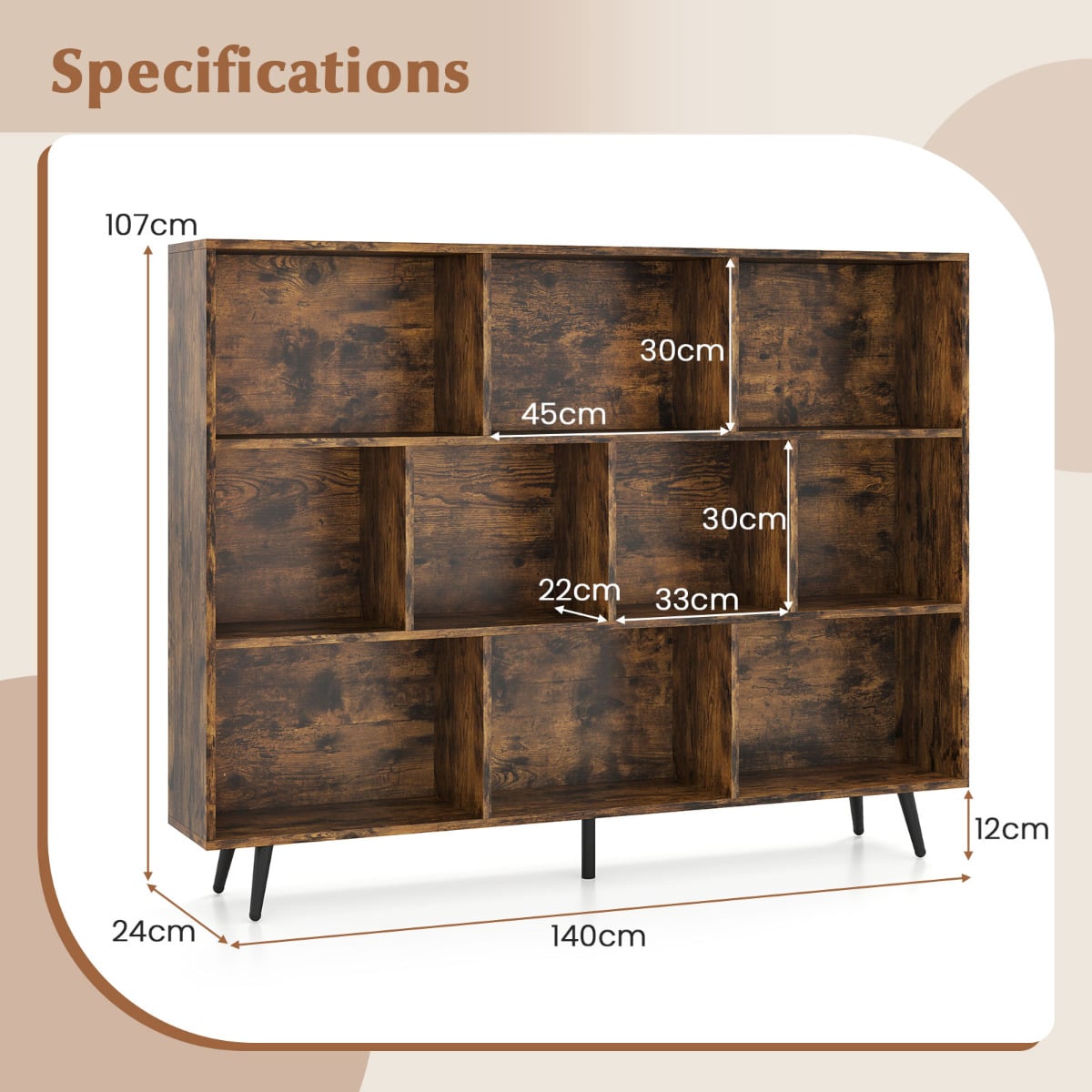10-Cube Bookcase 140 CM Storage Organizer with 5 Tapered Metal Legs-Coffee