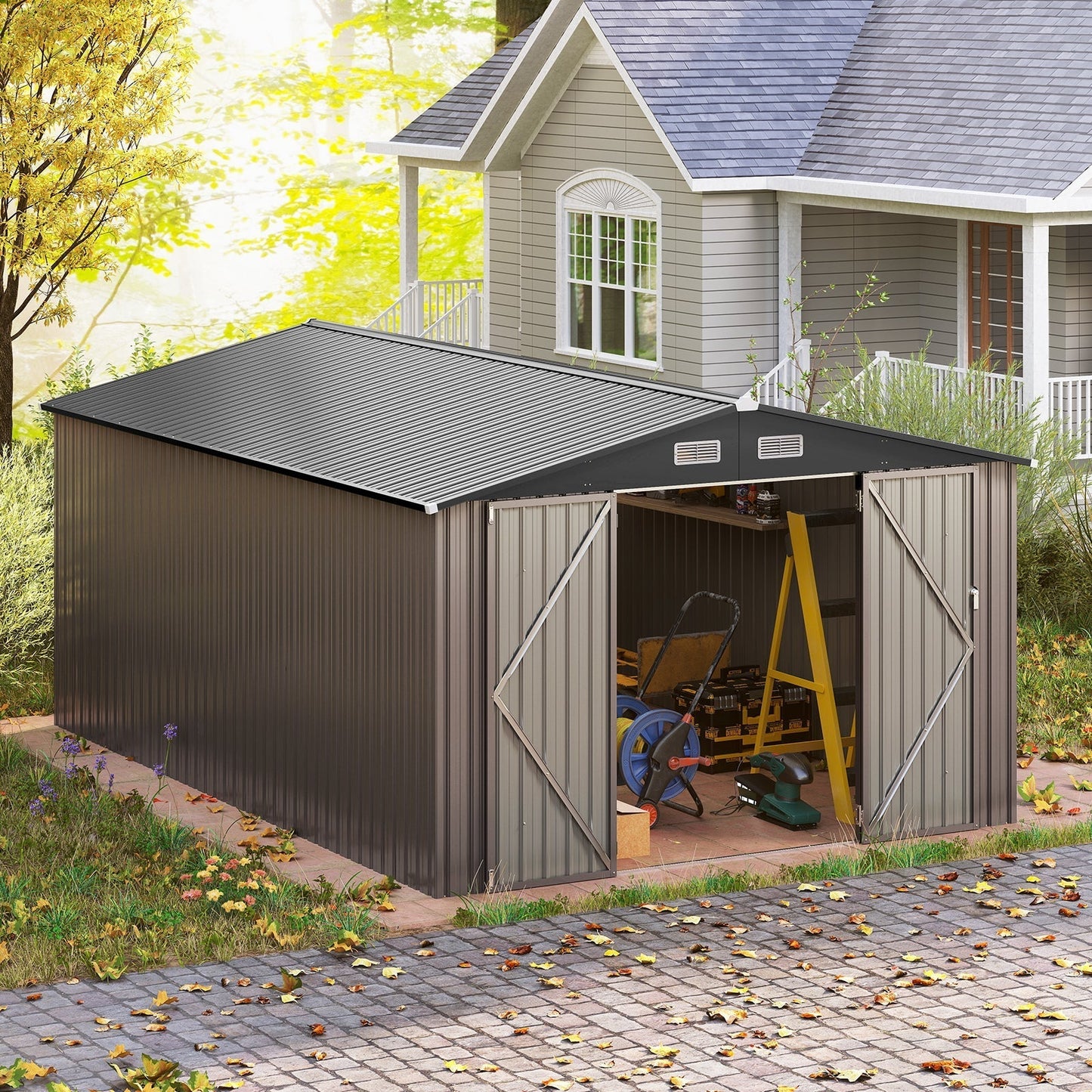 10 x 14 FT Outdoor Storage Shed with Improved Windproof Metal Structure-Gray