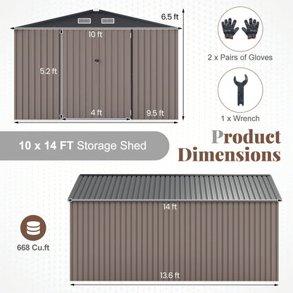 10 x 14 FT Outdoor Storage Shed with Improved Windproof Metal Structure-Gray