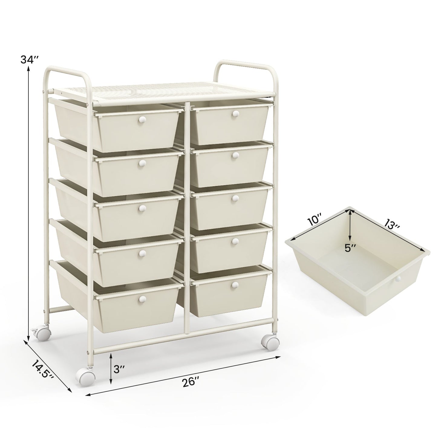 10-Drawer Rolling Storage Cart-White