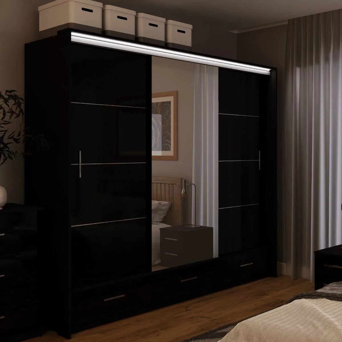 Warrington Sliding Door 255cm Mirror Wardrobe with 3 Drawers - Black