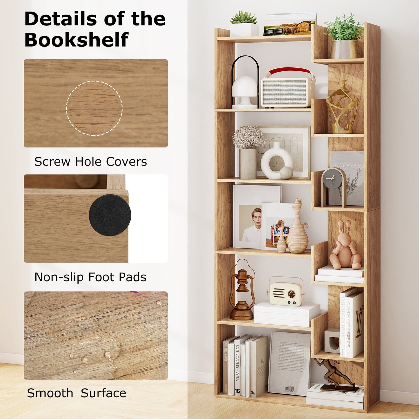 11-Shelf Wooden Bookshelf with 2 Anti-Tipping Kits-Natural